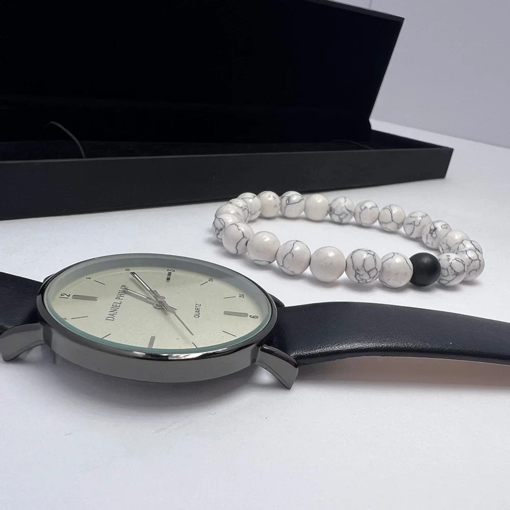 Daniel Philip Black Quartz Watch Mens Leather Band Howlite Bracelet Gift Set